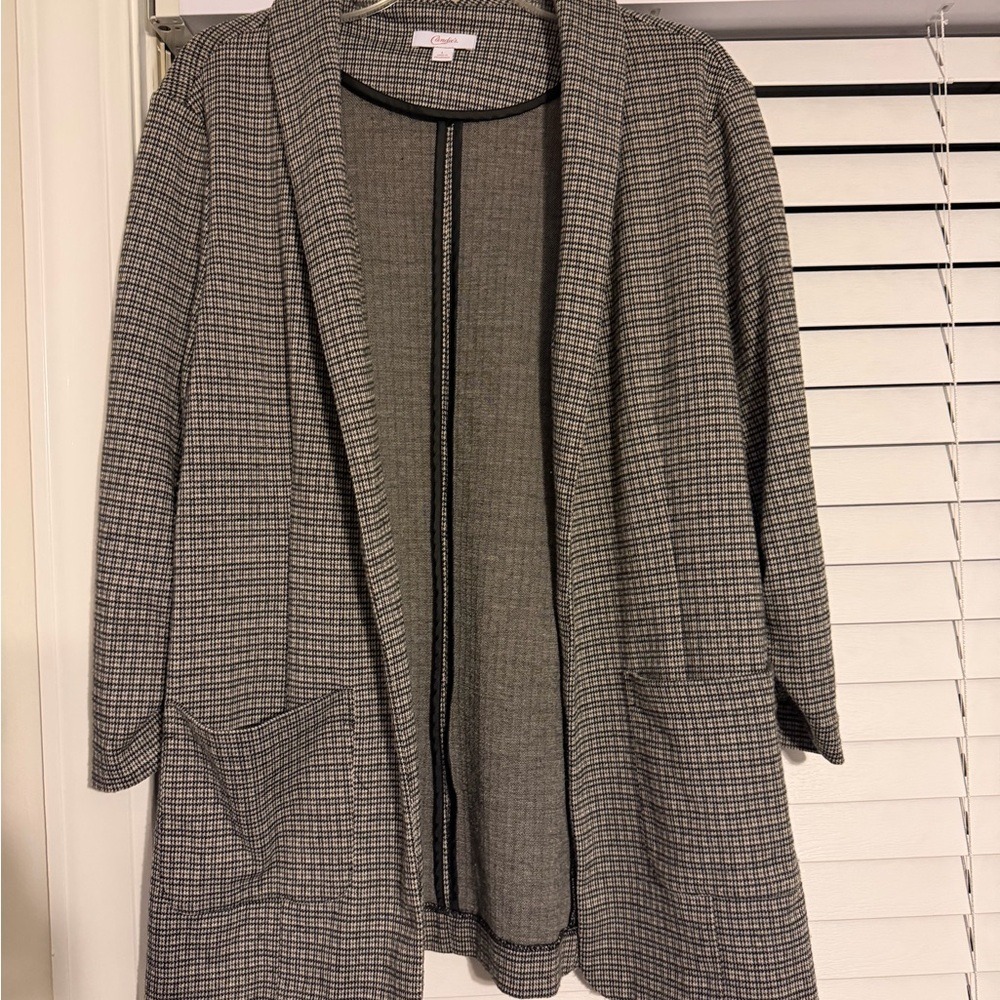 Candies Womens Houndstooth Open Front Blazer Ruched Sleeve Black White Large